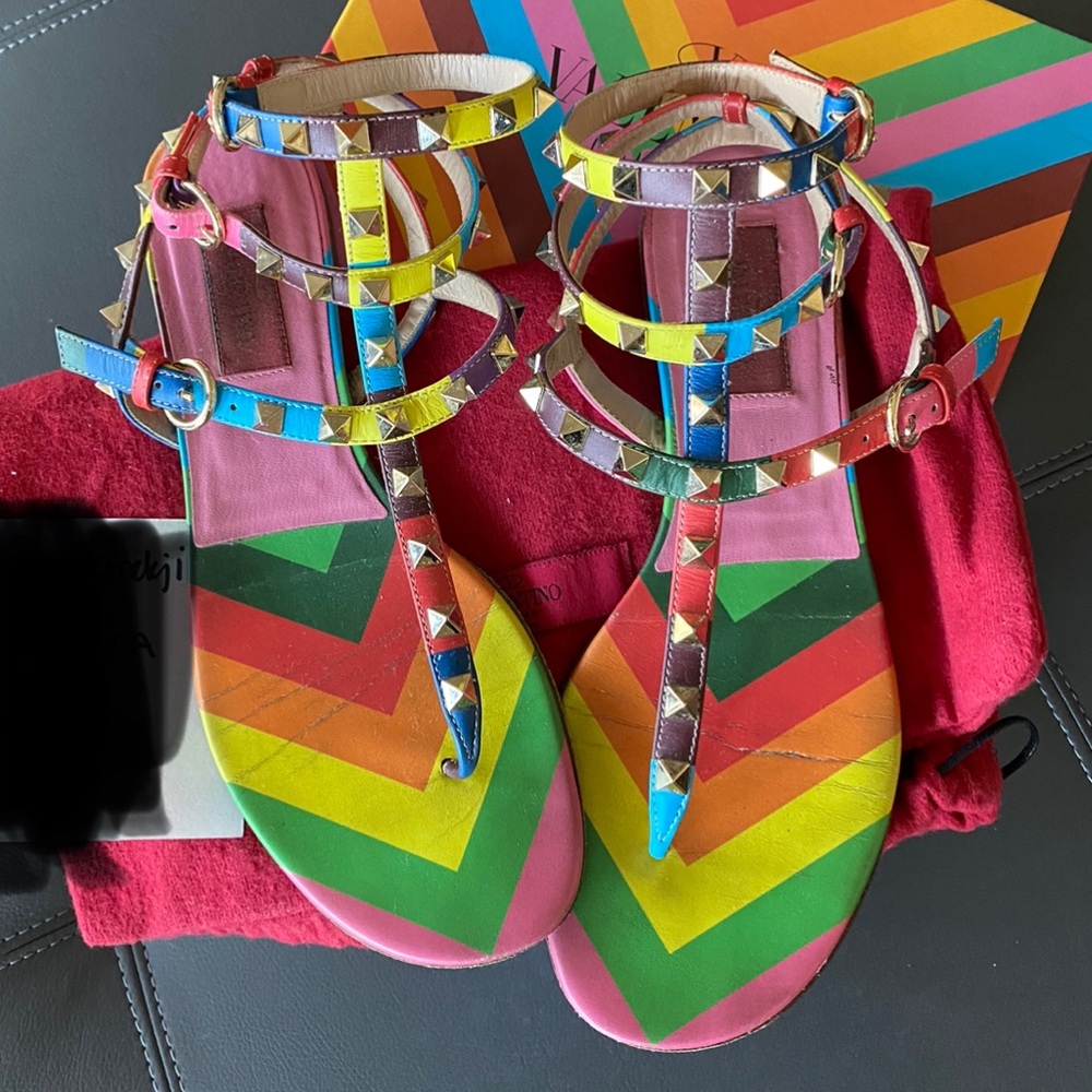 Valentino Multicolor Rainbow Studded T-Strap Sandals